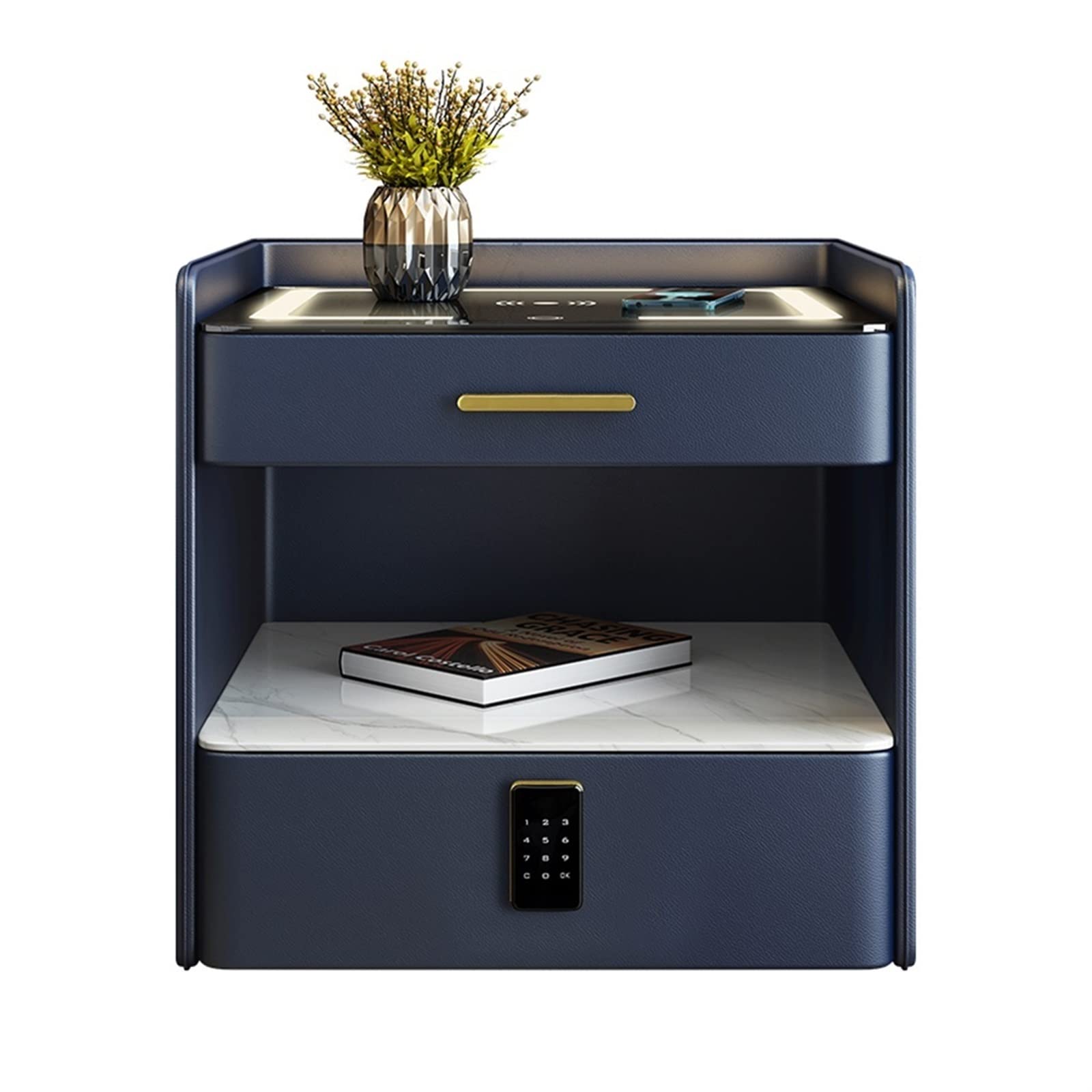 Smart Bedside Table Bedroom Bedside Cabinet with drawers Nightstand with LED Light, Side Table with Wireless Charging and Fingerprint Lock, with, Cabinet (40X40X50cm)