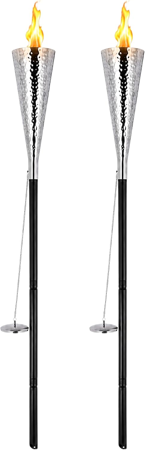 Firefly Olympia Tiki Torch – Hammered Stainless Steel Cone Design, Durable Black Powder-Coated Pole, Rust-Resistant, Weather-Tough, with Snuffer Cap – Perfect for Patios, Pathways & Gardens