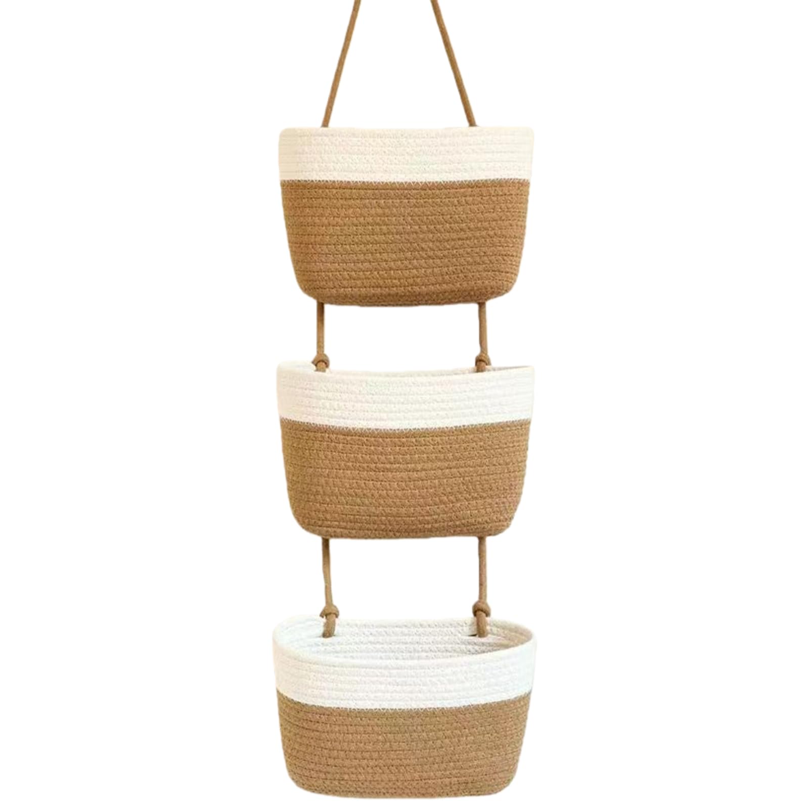anier à Suspendre 3 Niveaux, Panier à Suspendre en Corde de Coton, Panier Mural Osier pour Salle de Bain, Cuisine et Chambre, Over the Door Storage, Marron Clair