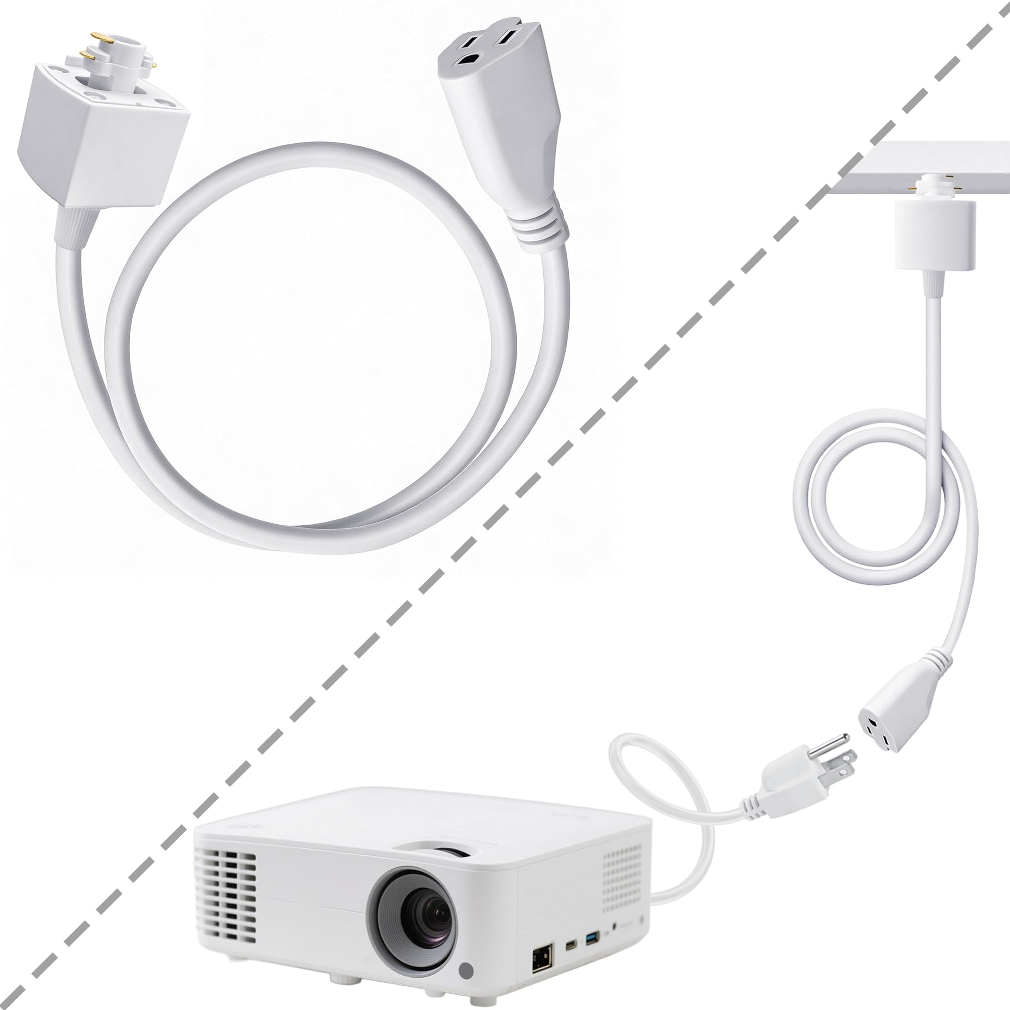 Track Adapter Extension Cord (5Ft White) with 3-Prong Female Plug for H Type Track System, 800W Max Power, Track-Powered for Small Appliances, Ideal for DIY Lighting Projects, No Wiring Needed