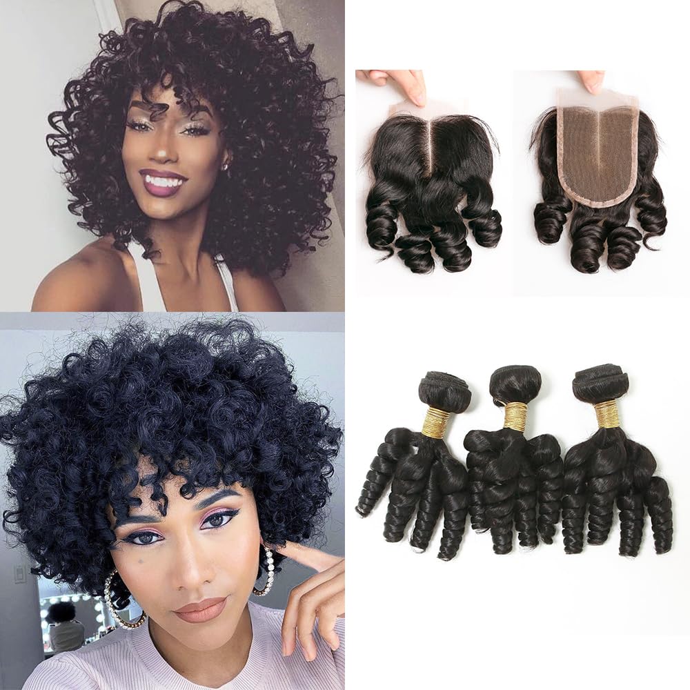 Brazilian Funmi Hair Short Curly Weave 3 Bundles with Lace Closure Spiral Curl Hair Bundles with 4x4 Three Part Lace Closure Human Hair Extensions Natural Black (101010 +8)