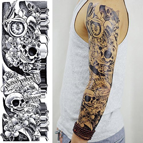 Kotbs 4 Sheets Large Waterproof Full Arm Tattoo Sticker Skull Rose Fake Tattoos Sleeve Temporary Tattoo Body Art for Men Women