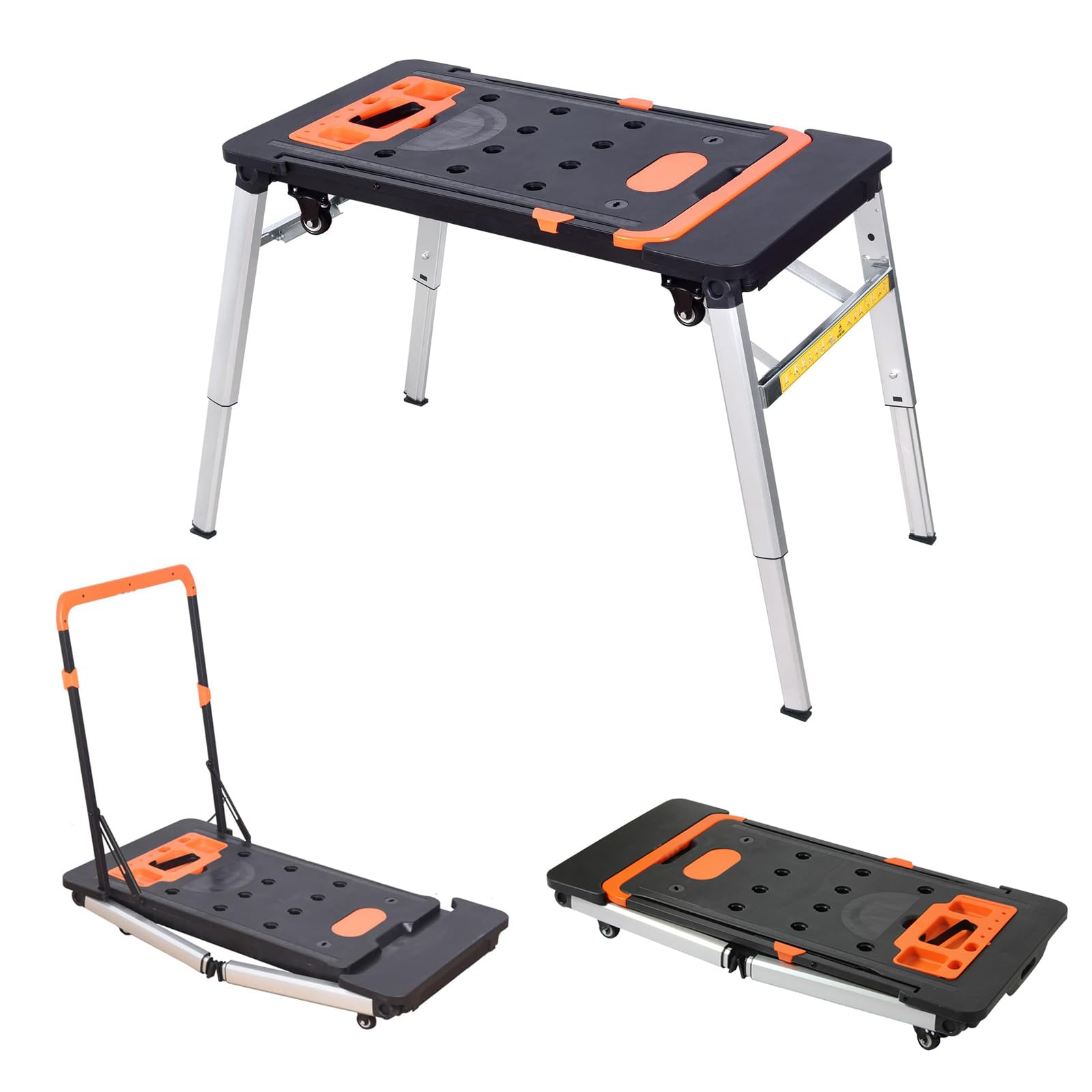 LEADALLWAY 7-in-1 Folding Portable Workbench Painted Work Table as Workbench, Scaffold,Platform,Sawhorse,Car Creeper and Hand Truck with 4 Wheels, Black