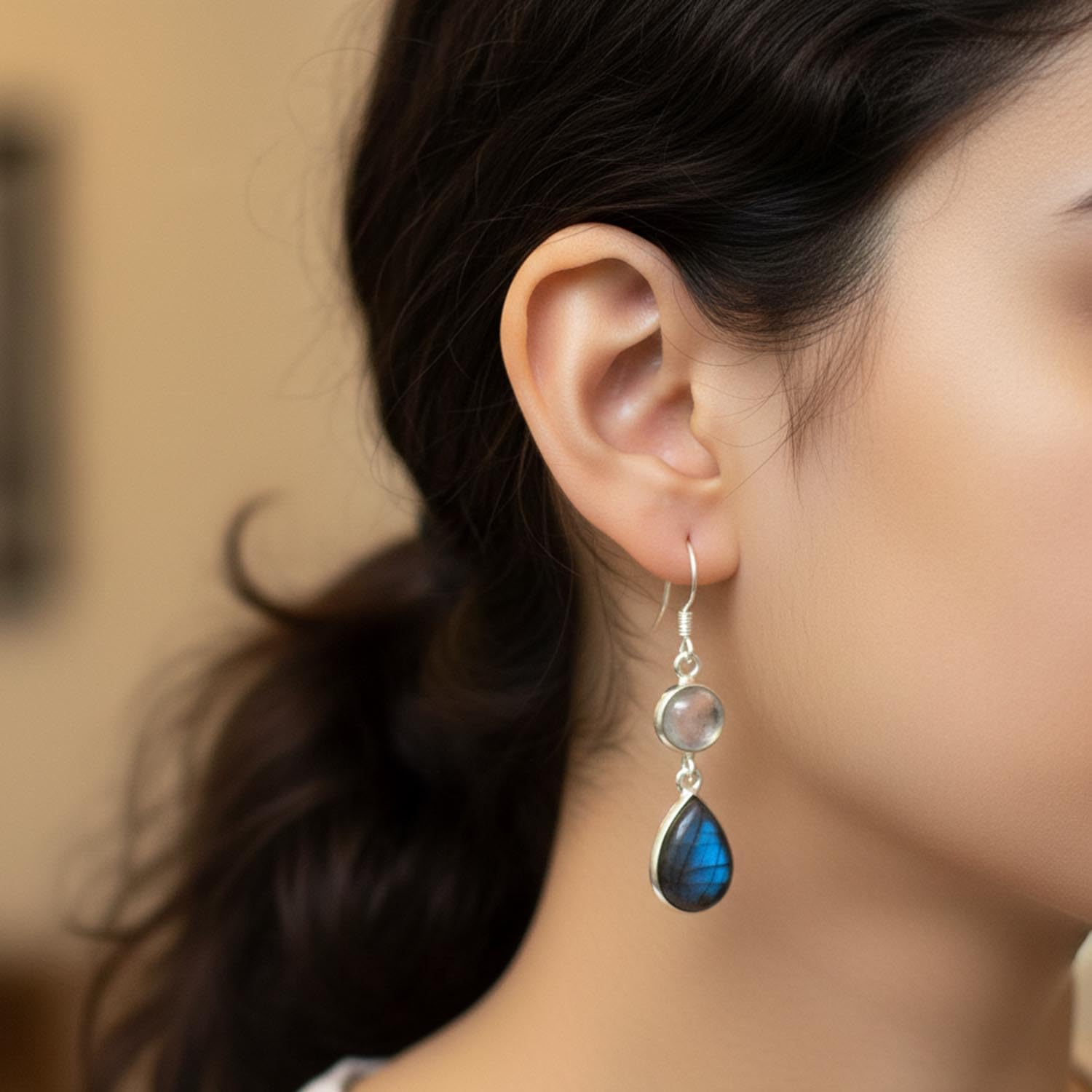 Natural Moonstone and Labradorite Drop Earrings, Sterling Silver, 1.6 Inch Length, 19.45 Carat, Blue and White Gemstones | Gift for Her