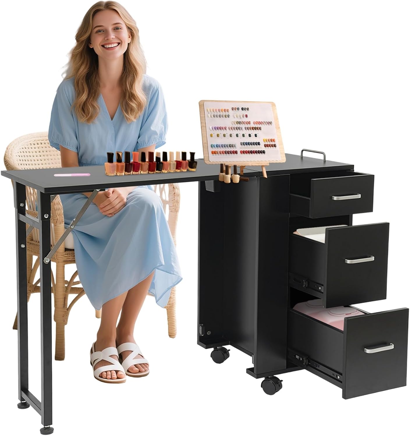 Manicure Table, Foldable Nail Desk Nail Table Station with 3 Drawers & 4 Universal Wheels, 220.46lbs Capacity Nail Makeup Beauty Salon Storage Cabinet Table for Home Spa, Nail Salon (Black)