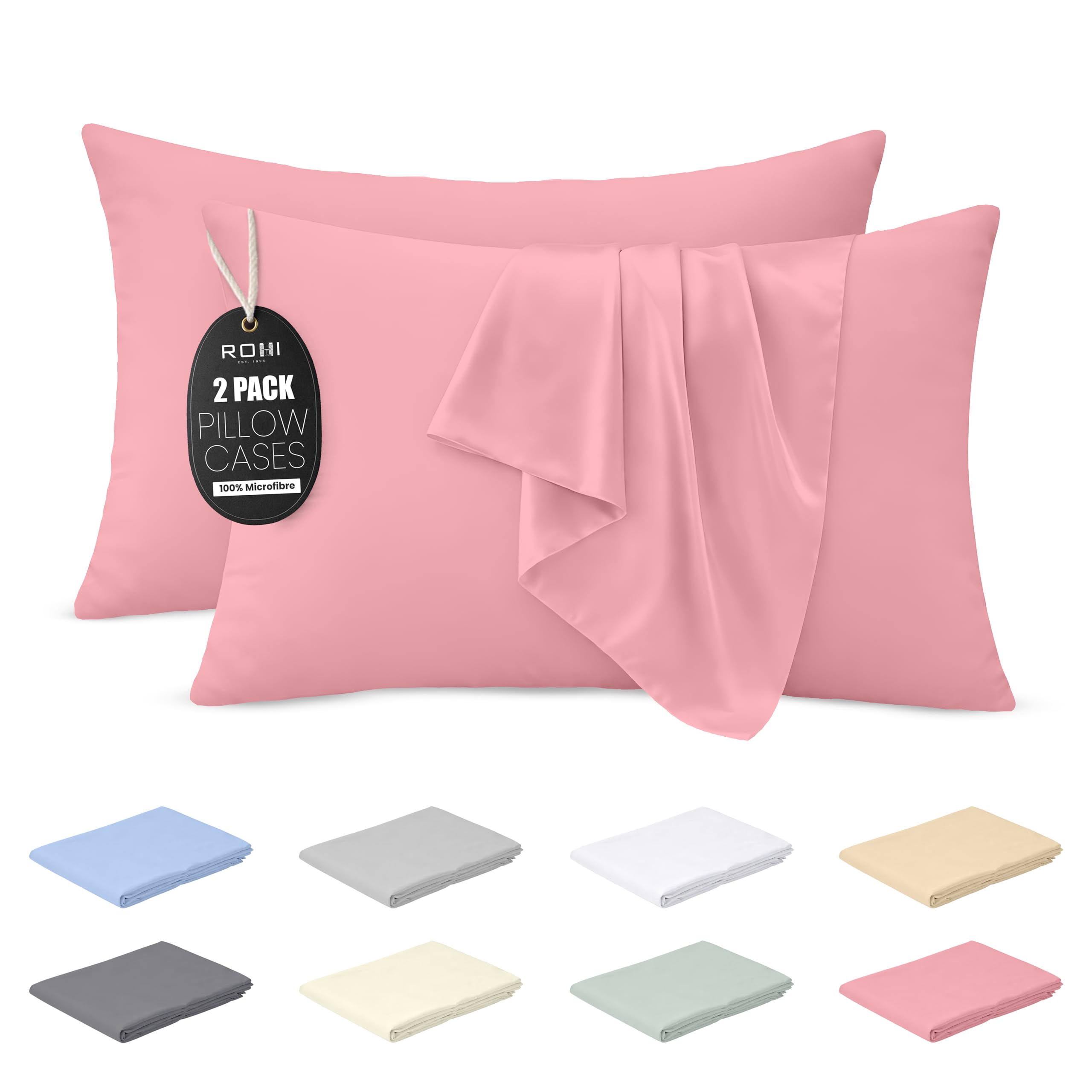 Rohi Pink Microfibre Pillowcases 2 Pack – Soft & Smooth Envelope Closure Pillow Covers – Fade Resistant & Breathable Pillows Cases – Standard Size (50X75 Cm)