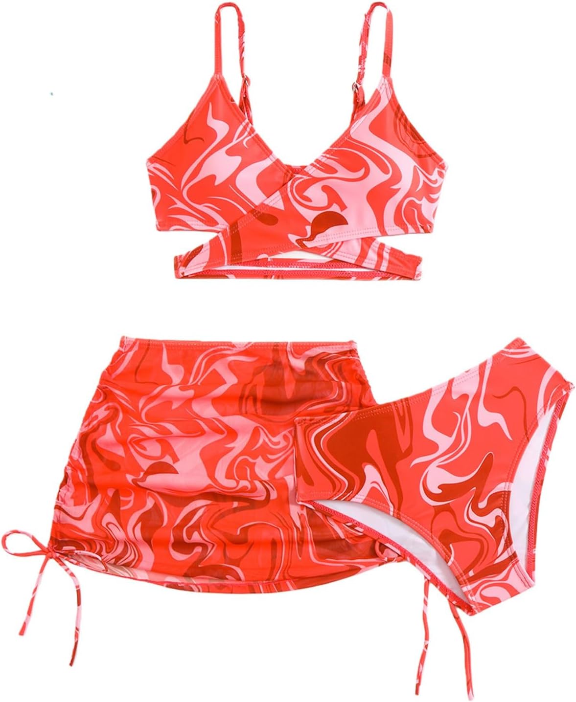 Girls Swimsuits 3 Piece Cute Print Beach Bikini Set Adjustable Straps Bathing Suit with Cover Up Skirt Sports Swimwear
