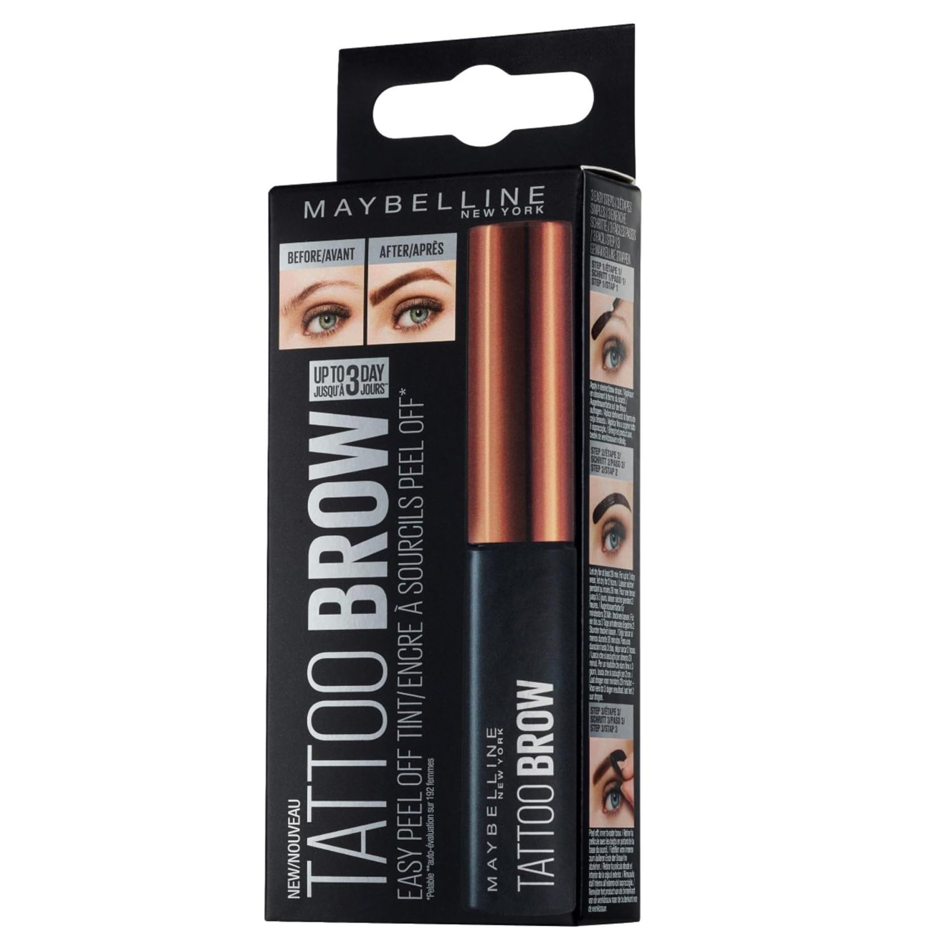 Maybelline New York Tinta Sopracciglia Semipermanente Tattoo Brow Peel-Off, Risultato Definito fino a 3 Giorni, Light Brown (01), 4,6 g