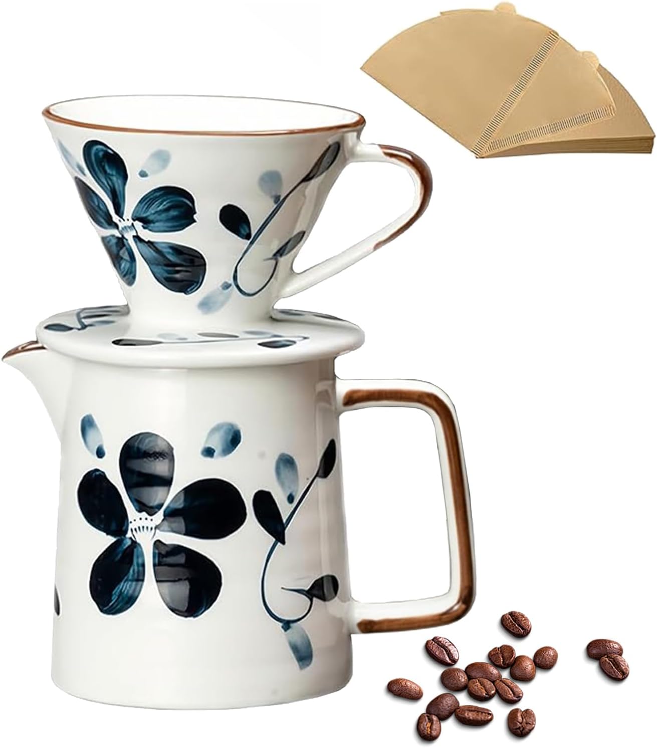 Ceramic Pour Over Coffee Maker Set, 60 Angle Ceramic Coffee Dripper with Single Hole, Coffee Pot & 100 Paper Filters for Home, Travel, Camping (1-4 Cup)