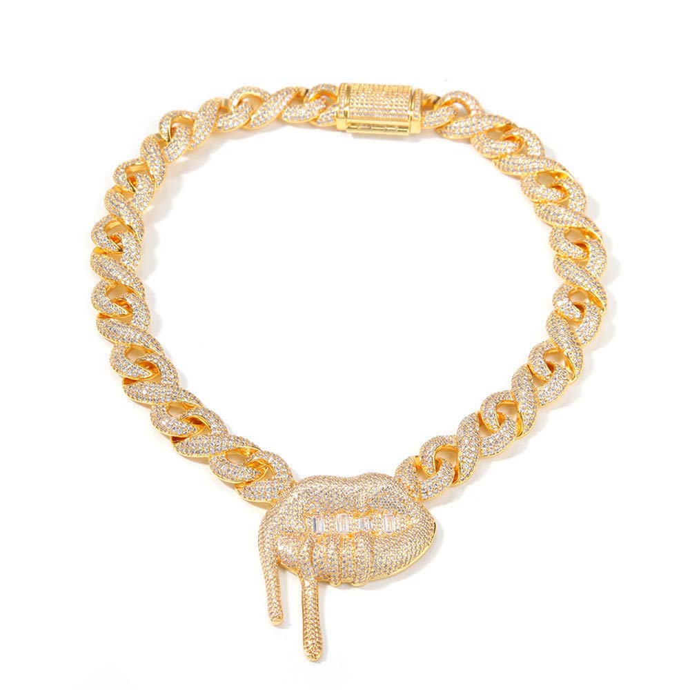 ICEDIAMOND 18K Bling Rope Design Cuban Choker Chain con Sexy Kiss Lips Pendente Charm Collana, Full CZ Diamond Hip Hop Jewelry for Men Women