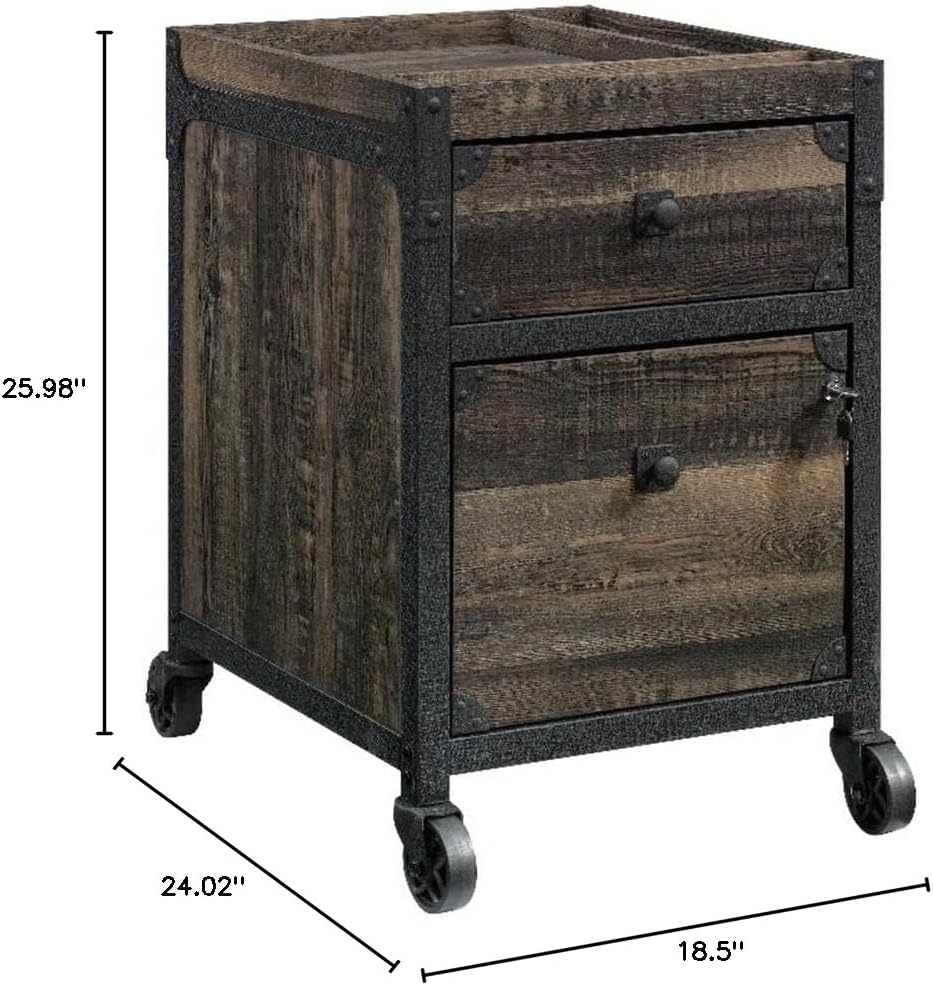 Pemberly Row Mobile File Cabinet, Engineered Wood and Metal, Carbon Oak Finish, 2-Drawer, 25.98" H x 18.5" W x 24.02" D, Locking Drawer, Casters, Rustic Contemporary Office Storage