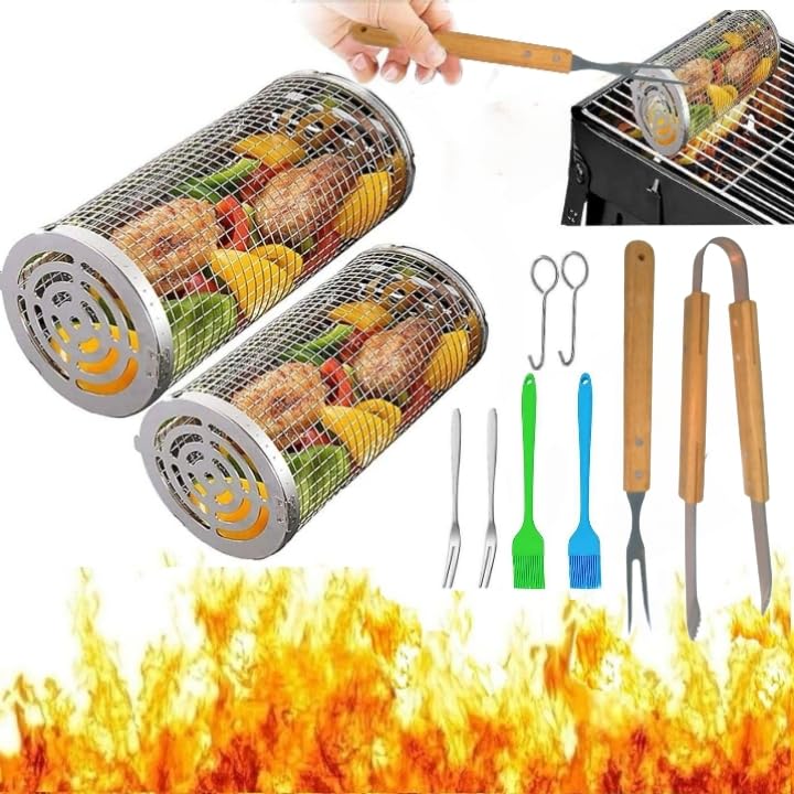 Rolling Grilling Baskets for Outdoor Grill, 2 Piece Large Round Barbecue Baskets, Rolling Grill Basket Grid with Tongs and Fork, Portable BBQ 304 Stainless Steel Basket for Meat Veggies Shrimp Fish