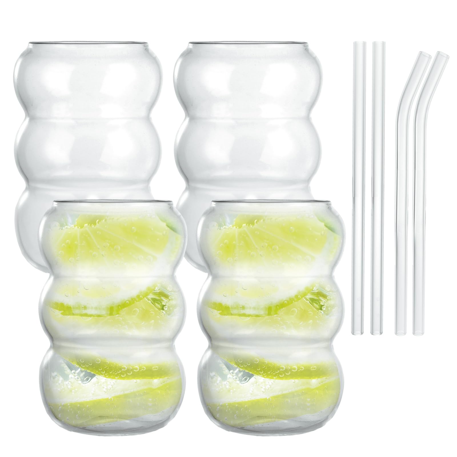 ASelected 4 Pack Vintage Clear Drinking Glasses with Straws Set - Creative Beer Cups Ripple Shaped Aesthetic Glassware for Kitchen Juice Beverage