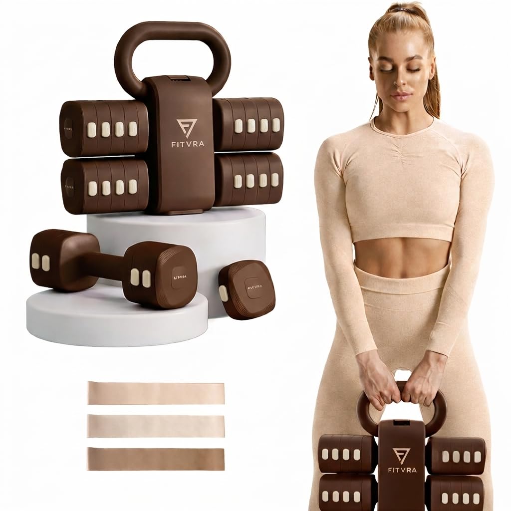 Regulowane hantle 2 w 1, zestaw hantli i brązowy kettlebell | Regulowane hantle do domowej siłowni: hantle 1-3 kg, kettlebell 2,5-6,5 kg i 3 gumki