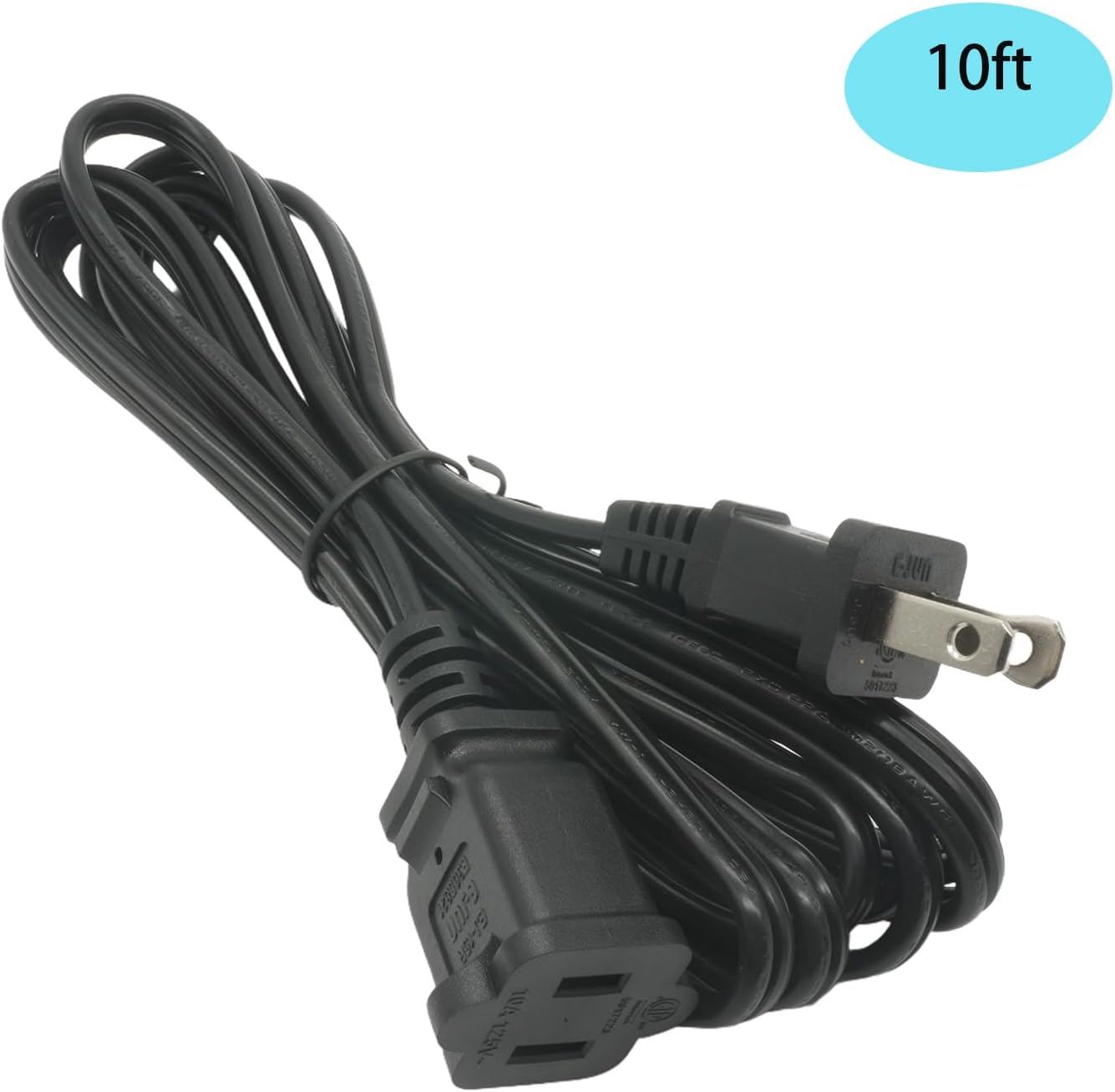 Black 10 Foot Extension Cord Cable, 2 Prong Indoor US AC Female Male Power Cord, NEMA 5-15P to NEMA 5-15R，10A 125V Extension Cord for Small Appliances, Christmas Light