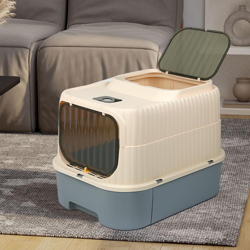 Bac à Litière pour Chat, Fermé, Maison de Toilette, Plateau Amovible, Pelle, pour Grand Chat, Capacité de Charge 15 kg, Anti-Traces, Anti-fuites, 37 x 49 x 37 cm (Gris)