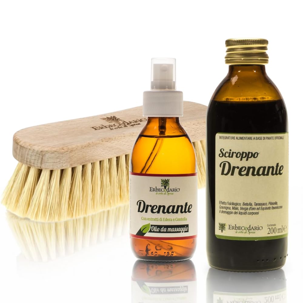 Kit Drenante completo - Sciroppo Drenante forte da bere 200ml, Spazzola Corpo per spazzolatura a secco e Olio da massaggio 150ml - Made in Italy