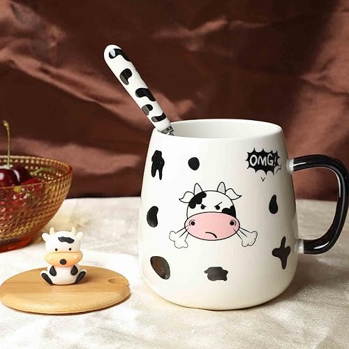 Miniatura 3 de XEFINAL Bonita taza de café de vaca con tapa y cuchara, taza de café de vaca de cerámica, tazas de vaca Kawaii de 14.2 fl oz, taza de vaca animal