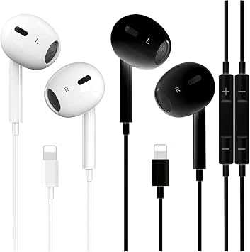 Lightning Wired Earphones 2 Pack, Apple MFi Certified In-Ear Wired Earbuds for iPhone 14/14 Plus/13/12/11/8/7 X Pro Max,iPad, Lightning Headphones with Microphone and HiFi Stereo White&Black
