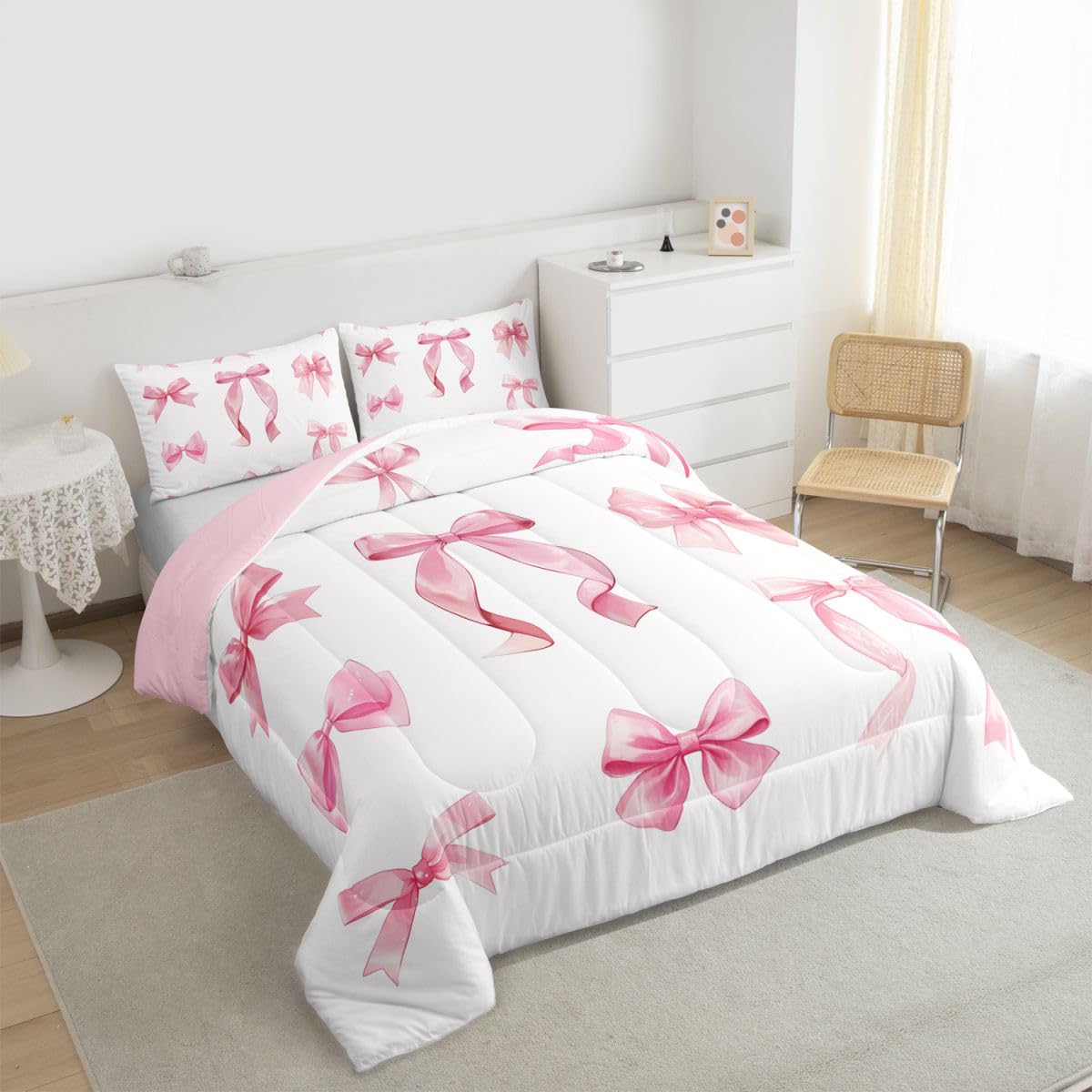 Manfei Set di biancheria da letto singolo con fiocco rosa, 2 pezzi, per bambini, ragazze, ragazzi e donne, decorazione per la camera da letto, copripiumino trapuntato Kawaii Princess Girly ultra