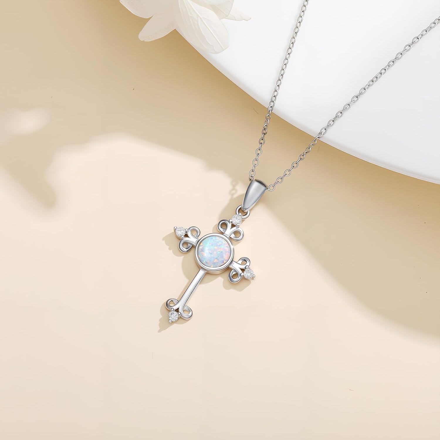 925 Sterling Silver Diamond Cross Necklace with Genuine Opal Pendant Elegant Religious Jewelry Gifts for Women - Image 3