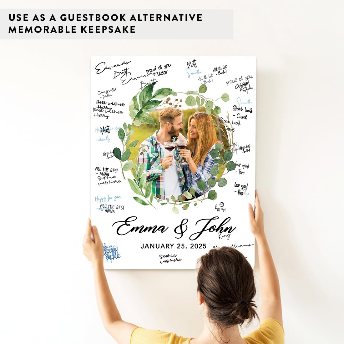 Andaz Press Custom Large Canvas Wedding Guest Book Alternative, 16 x 20 Inches, Modern Eucalyptus Greenery Watercolor Wreath Photo, Vertical, Personalized Welcome Sign Guest Book Signs for Wedding