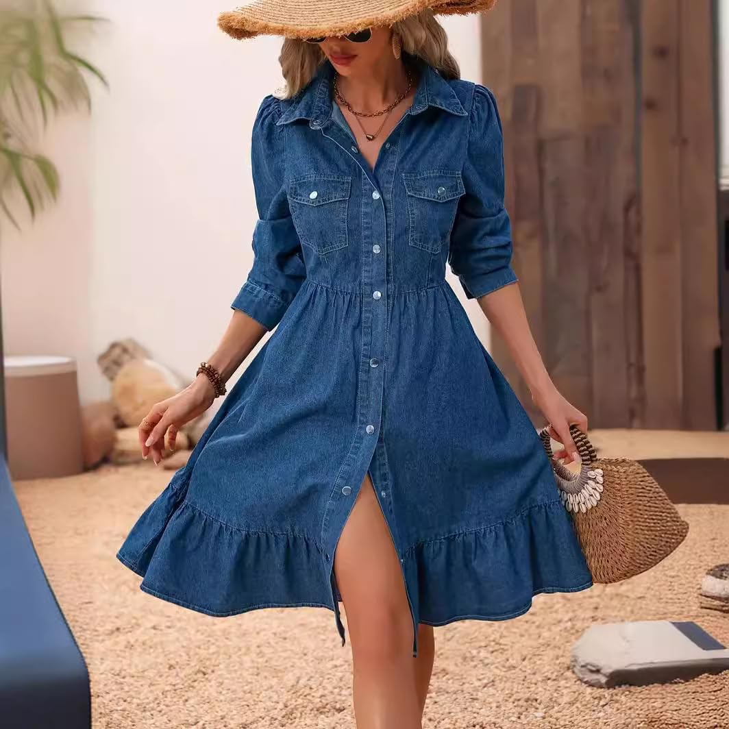 utcoco Women's Flowy Denim Dress 2025 Vacation Lapel Long Puff Sleeve Button Down A Line Swing Ruffle Jean Dress - Image 2