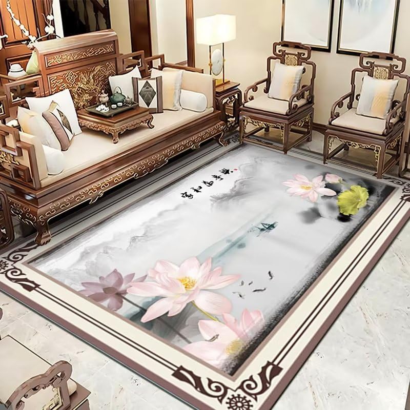 Tapis durable rose 160x230 cm avec motif de lotus raffine pour interieur elegant