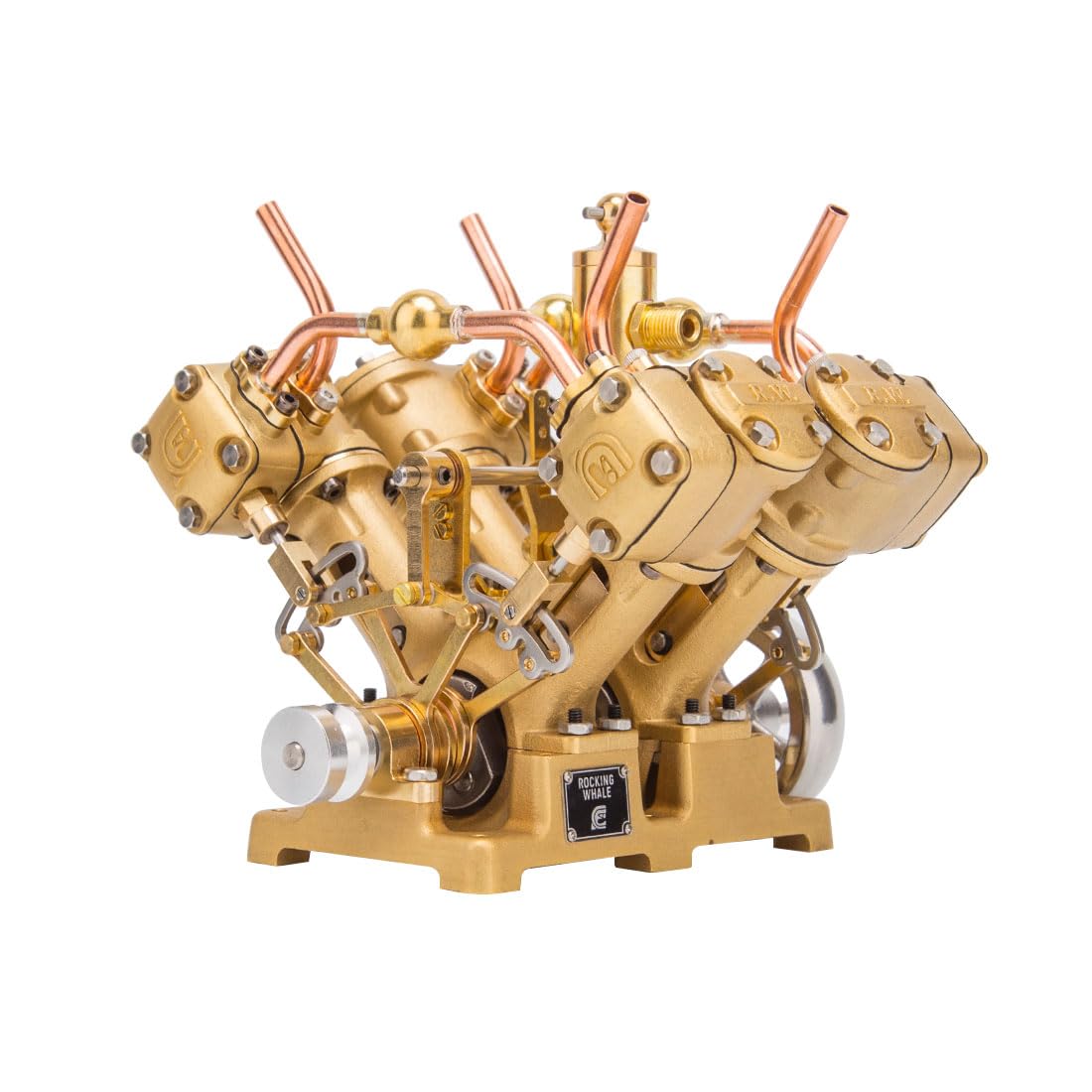 Silniki parowe zestaw do montażu, mosiądz CNC RW-V4 Mini V-4 cylindrowy silnik parowy z przepływem do przodu i do tyłu do modeli statków parowych 90-150 cm, kreatywny kolekcjonerski zestaw upominkowy