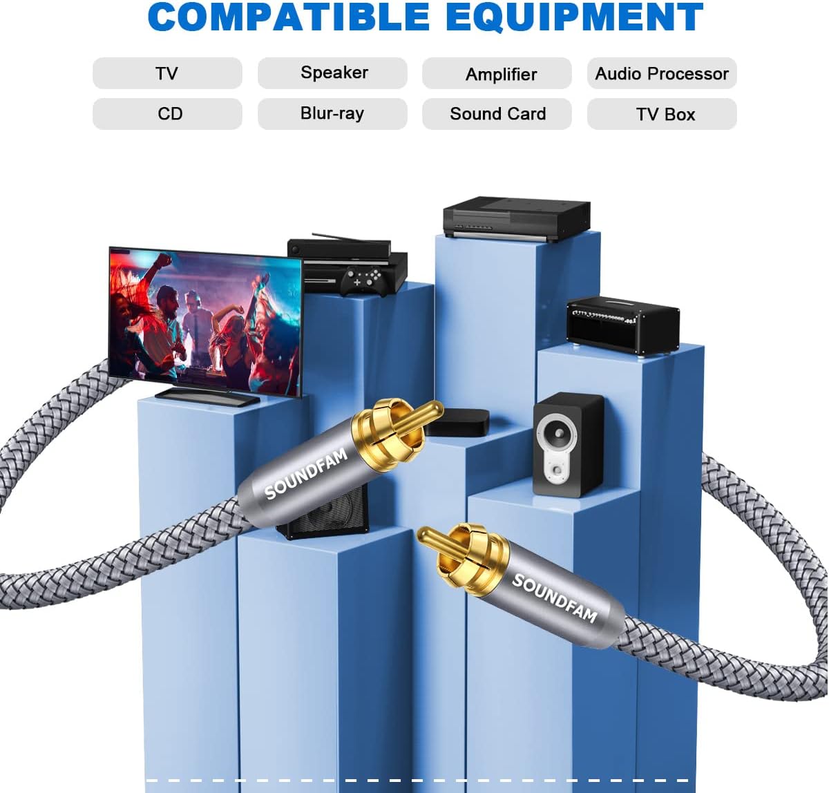 RCA Subwoofer Cable 10ft/3M，SOUNDFAM Digital Coaxial Audio Cable Gold Plated RCA Male to Male SPDIF Cable for Subwoofer,Home Theater,Amplifier,TV-Grey : Electronics