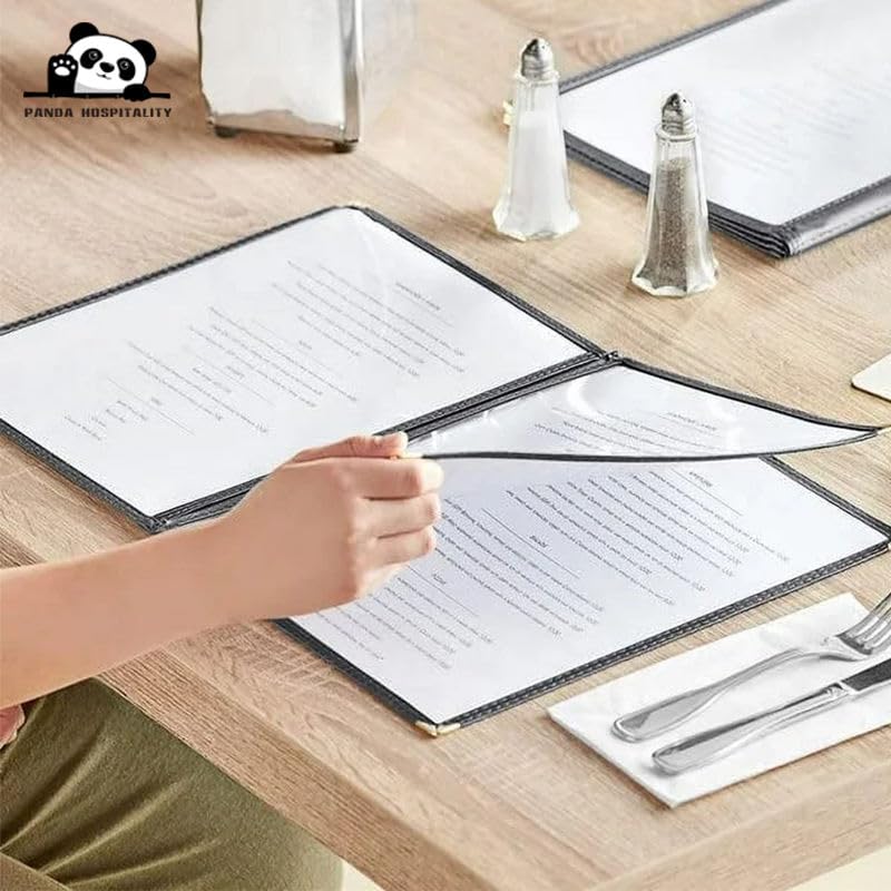 Menu Covers, Black Leatherette, 8.5 x 11 Inch, 4 Page 8 View, Transparent Restaurant Holder with Decorative Corners, 50 Pack