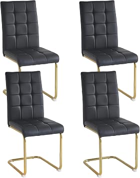 Dining Chairs Set of 4, Modern PU Leather Dinner Chairs with Upholstered Seat and Metal C-Shaped Legs for Living Room, Kitchen, Dining Room, Ergonomic Gold/Black