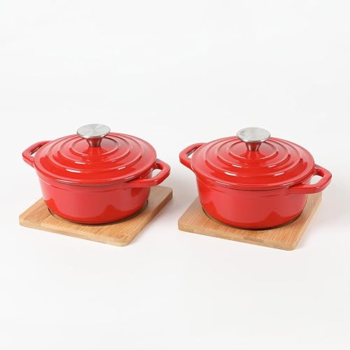Juego de mini cocotte redondo de hierro fundido esmaltado, mini hornos holandeses con tapas y bandejas de bambú, 22.6 fl oz22.57 oz2.82 tazas, juego