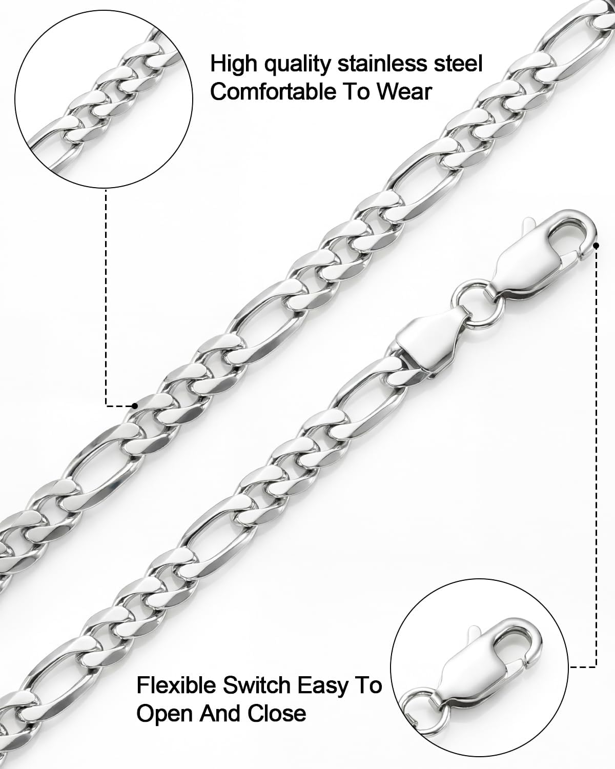Stainless Steel Figaro Link Chain Bracelet Italian Diamond-Cut Figaro Chain Bracelet for Women Men(6.5,7, 7.5, 8 Inches) - Image 5