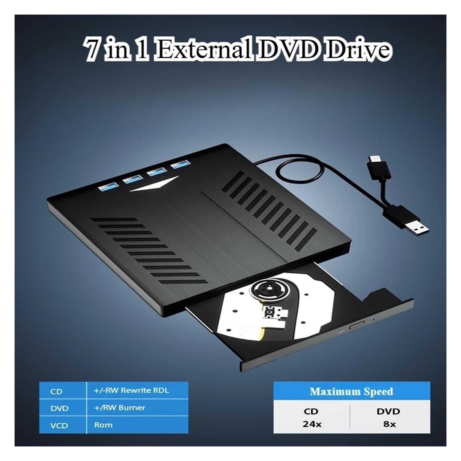 Nagrywarka CD/DVD USB 3.0 Typu C 7 W 1, Zewnętrzny Napęd DVD, CD ROM Do Laptopa, Komputera Stacjonarnego Kompaktowy MałY
