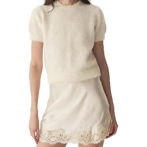 Womens Mini Lace Satin Skirts Elastic Waisted Lace Trim Half