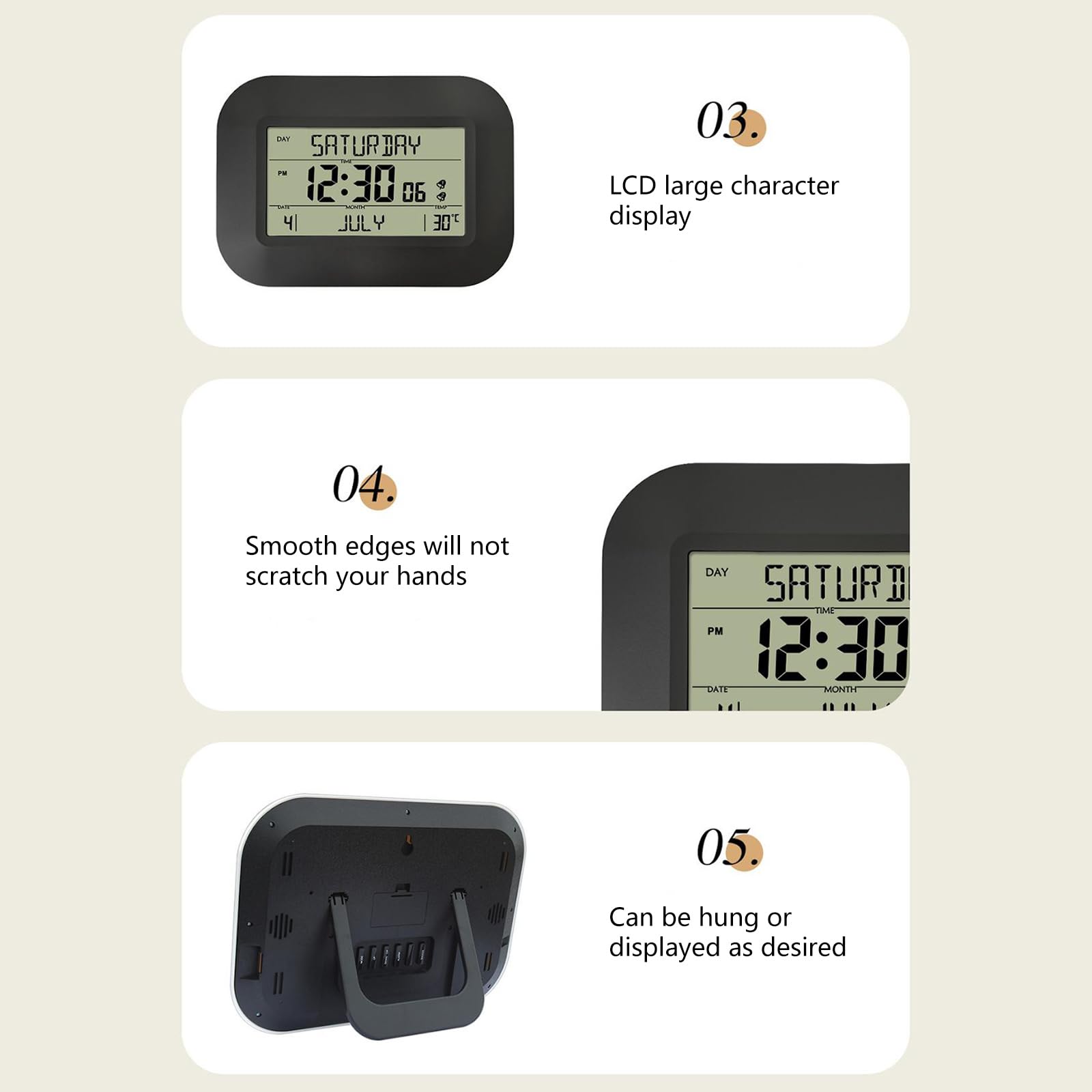 Greabuy Reloj digital contemporáneo con calendario y pantalla de temperatura, 2 alarmas, función de repetición, pantalla LCD, reloj despertador con calendario