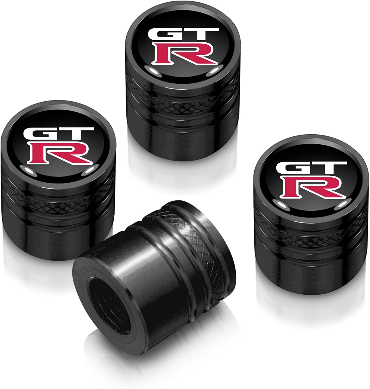 iPick Image for Nissan GT-R in Black on Black Aluminum Cylinder-Style Tire Valve Stem Caps