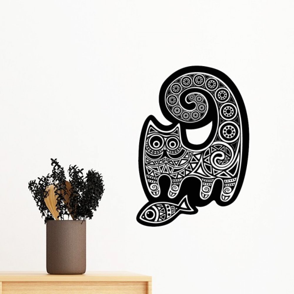 Papier peint chambre decal chat blanc et poisson noir amovible 30cm