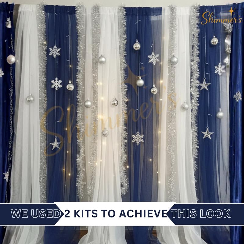 Image of Shimmers 5 Pc Decoration Kit with Blue & White Net Curtains (4x8 FT), Fairy String, 2 Hooks for Birthday, Anniversary, Party Backdrop, Photo Booth & Home Decoration Setup
