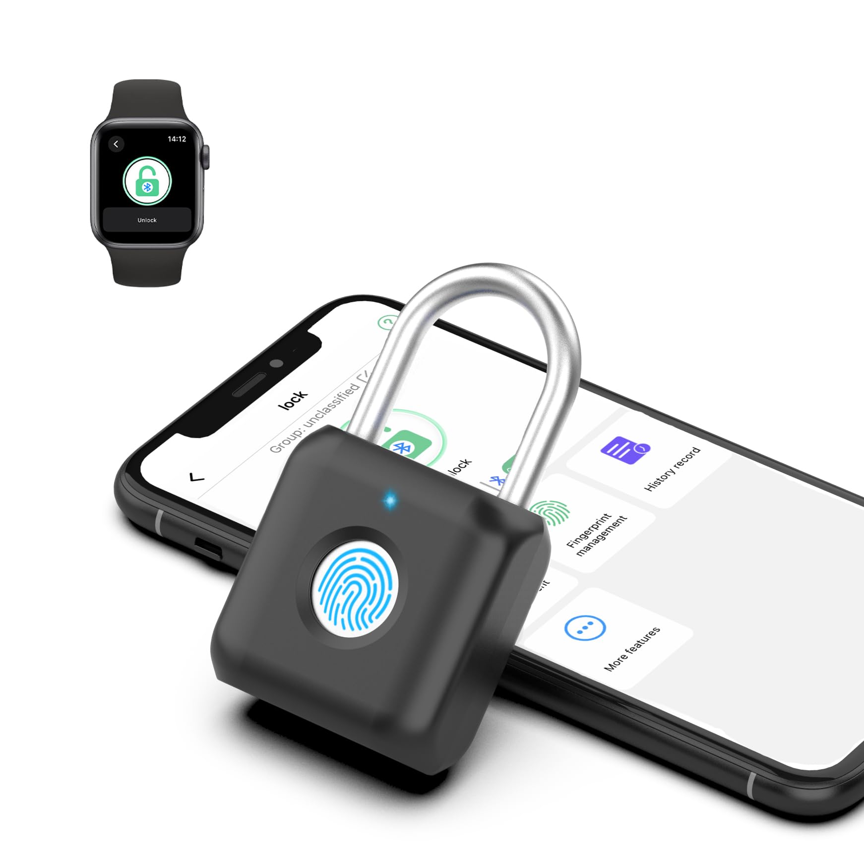 Fingerprint Padlock eLinkSmart Gym Locker Lock for Boys with Phone App iOS Watch Metal Keyless Combination Locks for School Sports Locker Toolbox Hasp Storage Obsidian Black