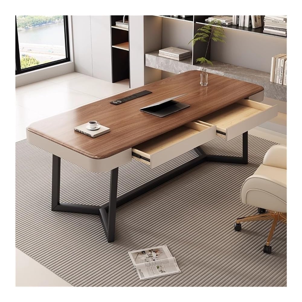 WalnutDesk do domowego biura 160 cm Wortat z czarną metalową podstawą 2 Ders i wbudowanym ładowaniem StatWriting Table