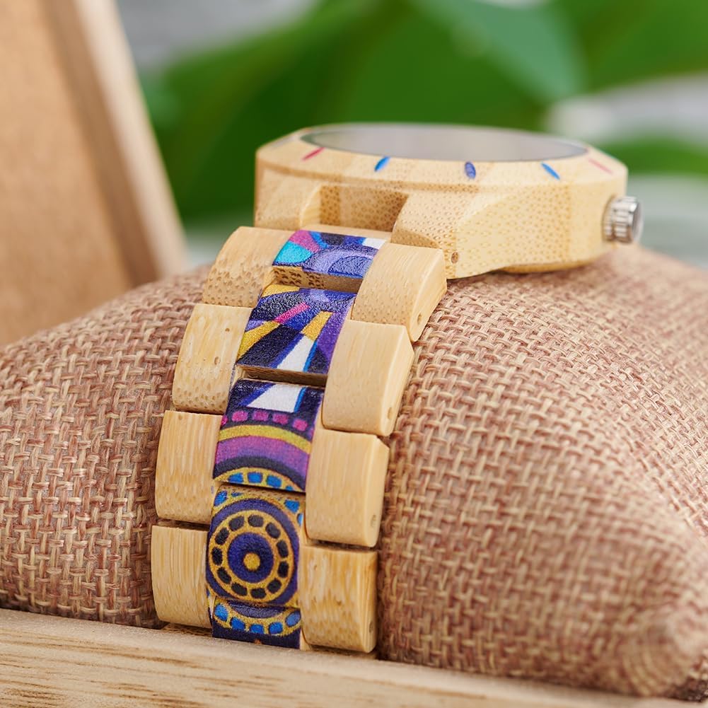 Japanese Quartz Women's Watch with Luminous Hands Lightweight Bamboo Wood Band & Unique Floral Print Wristwatch