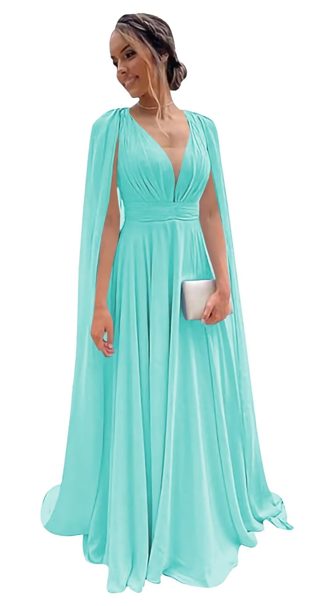 Chiffon Bridesmaid Dress for Women Cape Sleeve V-Neck Formal Evening Gowns with Pocket LBC020