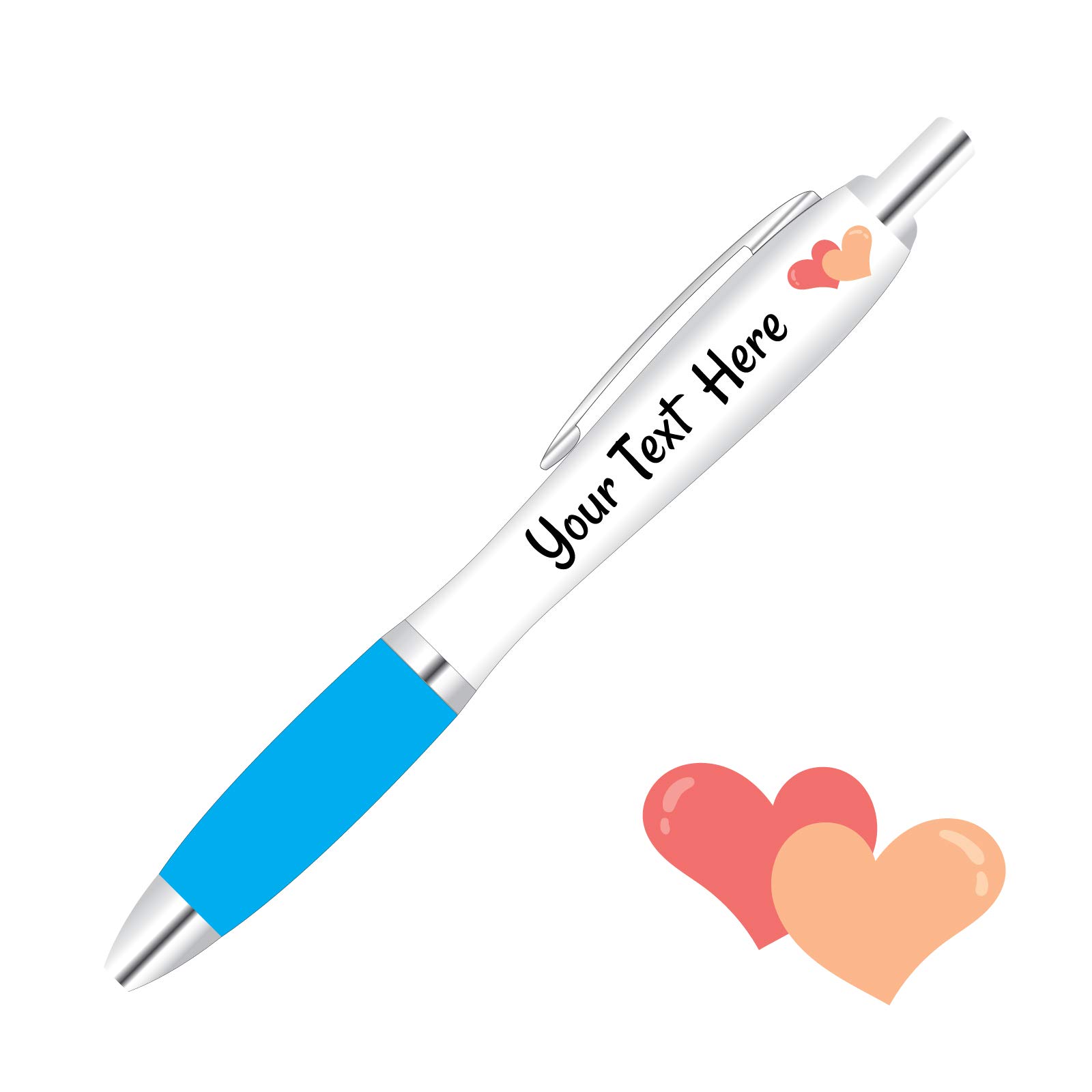 Full Colour Printed Personalised Wedding Pens *Qty - 200* - Light Blue Pen Grips *Hearts Design*