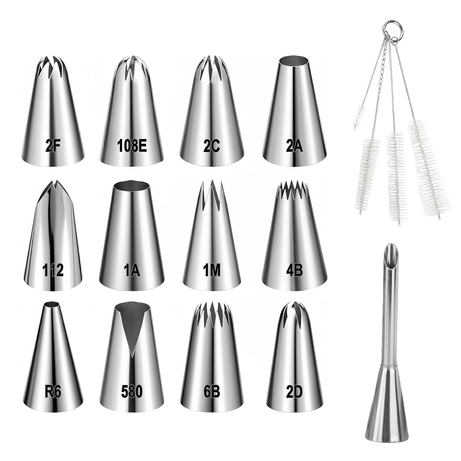 13 Spritztüllen set mit Kleine Reinigungsbürste, Wiederverwendbar Spritztülle zum Backen Edelstahl Spritzbeutel Düsen-Sets Torten Zubehör Krapfenspritze für Marmelade Sahne Bäcker