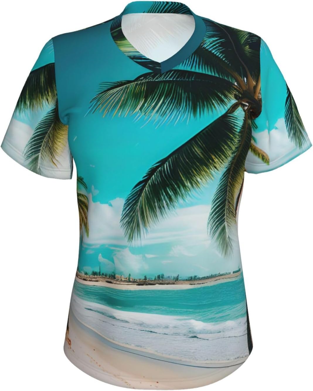Women Casual Beach Palm Trees Print V-Neck T-Shirt Short Sleeve Summer Trendy Tops.