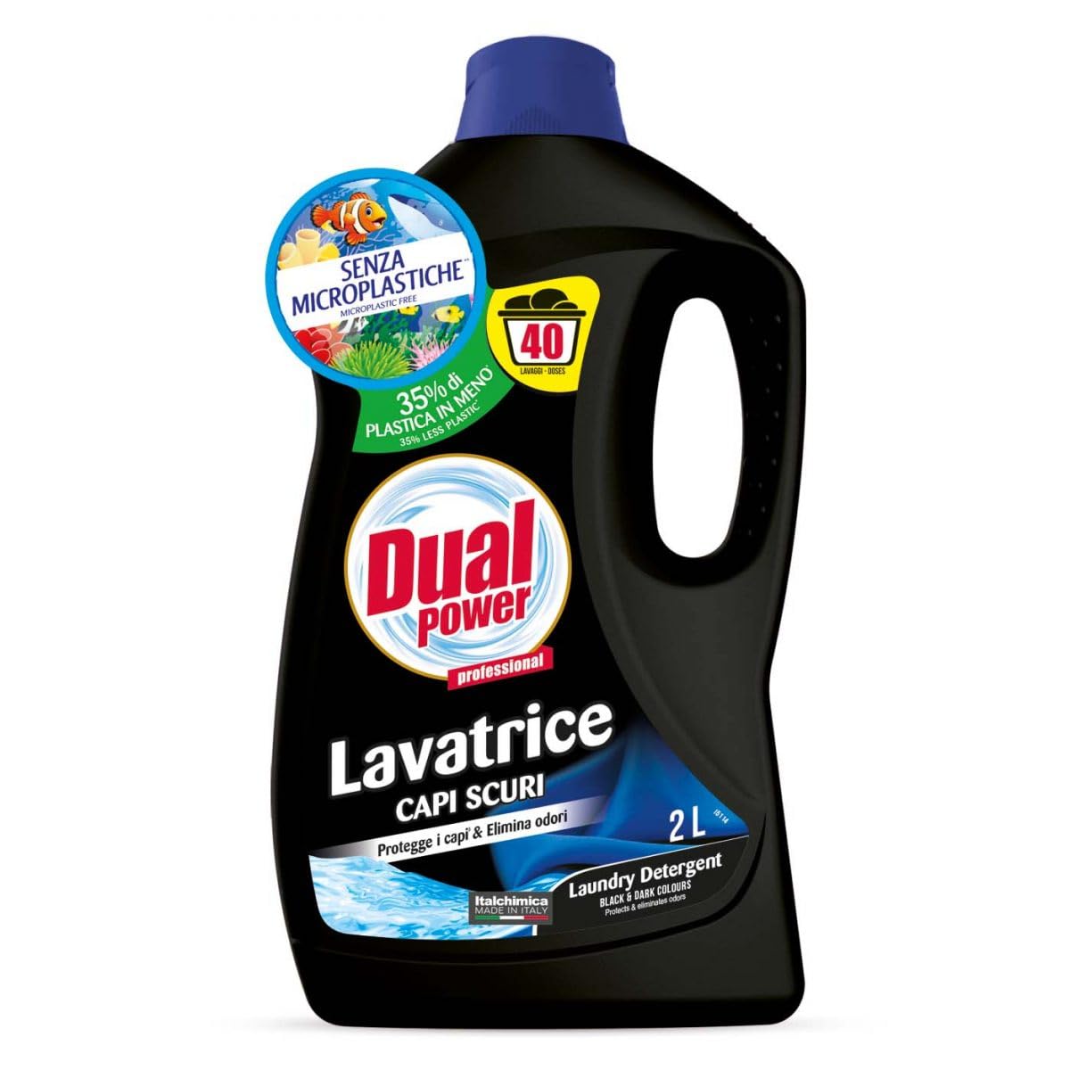 6 X Dual Power Detersivo Lavatrice Capi Scuri - Detersivo liquido per indumenti scuri - 40 lavaggi 2 litri + Beni Culinari Portachiavi gratuito
