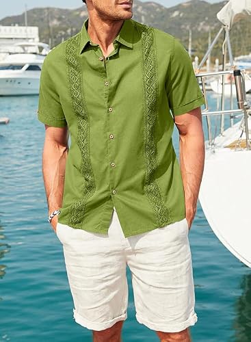 Jmierr Mens Cotton Linen Guayabera Shirts Casual Stylish Button Down Short Sleeve Lightweight Shirt Cuban Camp Summer Beach Wear,Us 40(M),Green #TOP2