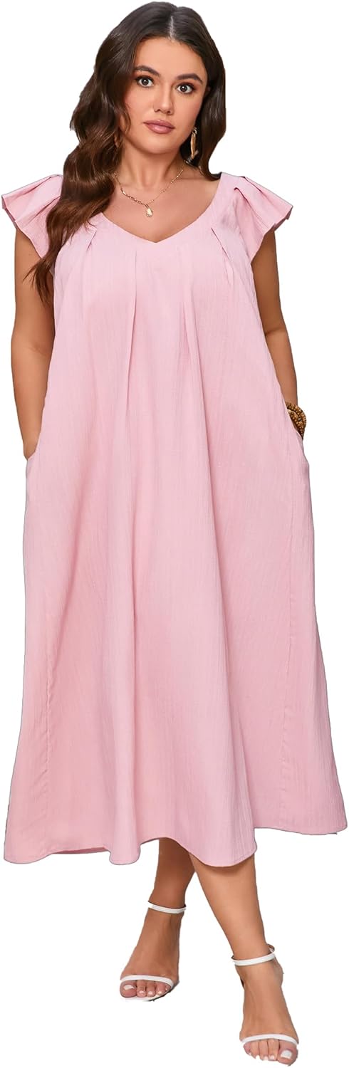 ShopWonder Womens Plus Size Loose Casual Dress Summer Short Sleeve V-Neck Midi Dress with Belt Pleated Ruffle Babydoll